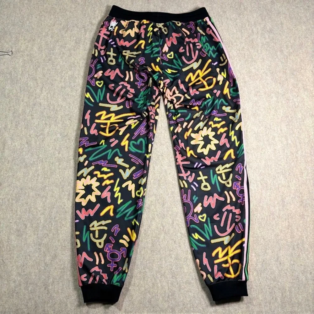 Adidas Track Pants Womens S Black Neon Graffiti Print Joggers Festival Y2K Logo - Picture 3 of 8